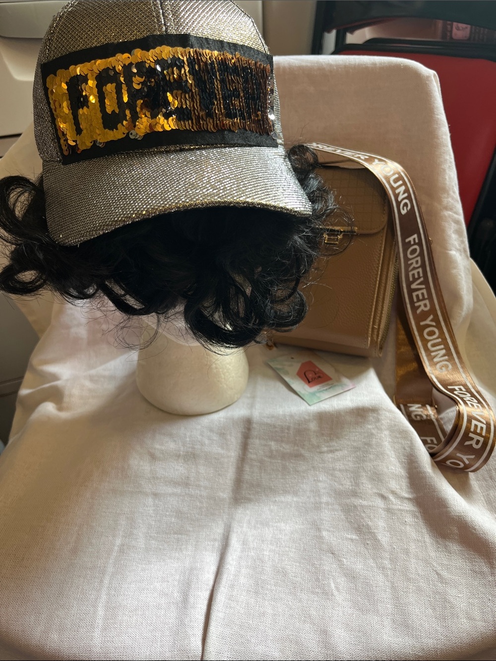 Silver Sequin Cap with Gold 'FOREVER' Patch and Crossbody